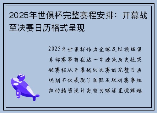 2025年世俱杯完整赛程安排：开幕战至决赛日历格式呈现