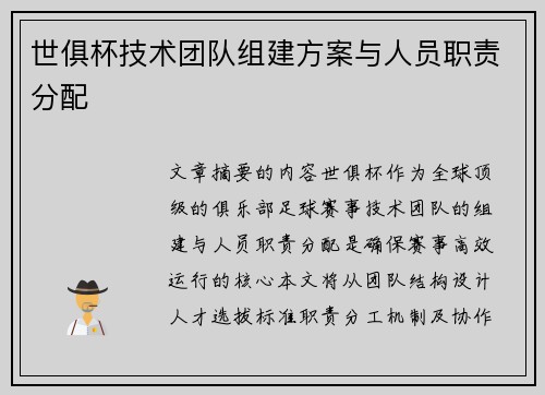 世俱杯技术团队组建方案与人员职责分配